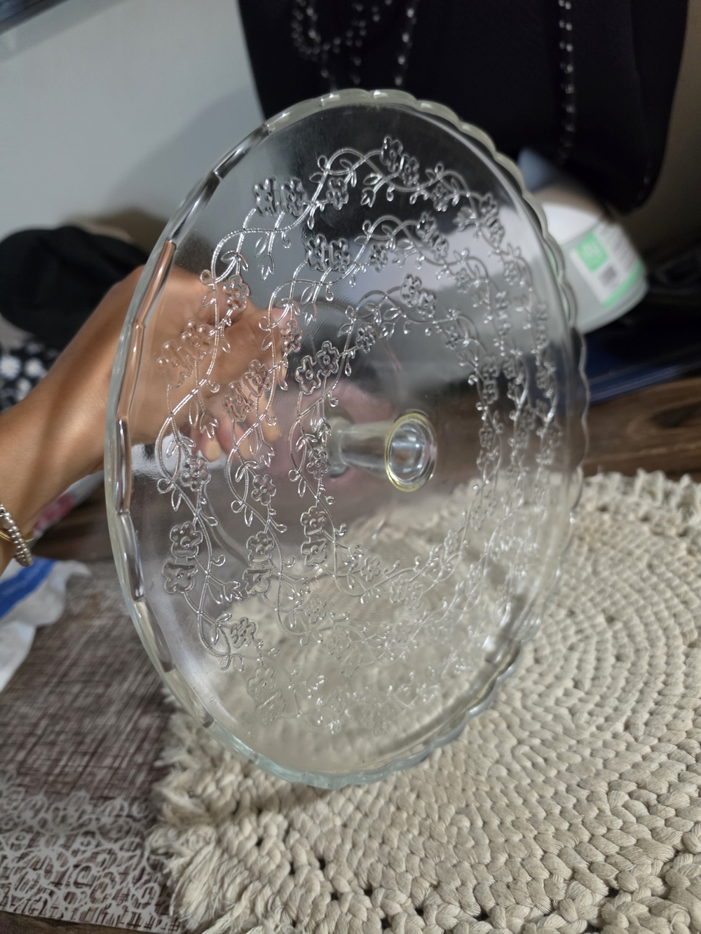 Clear Glass Pedestal Cake Stand with Floral Etching